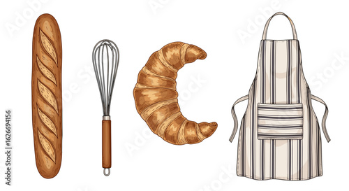 Illustration of a baguette whisk croissant and apron on a white background