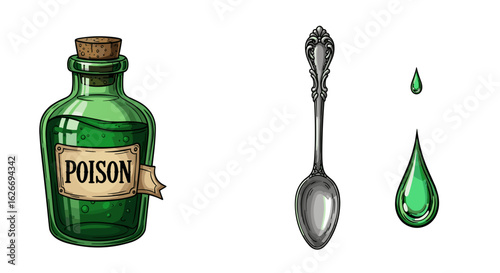 Illustration of a poison bottle with cork, spoon, and dripping green liquid