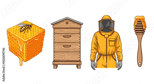 Illustration showcasing beekeeping equipment including honeycomb and suit gear