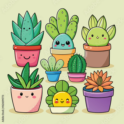 Blooming yellow cactus plants in decorative pots on an isolated background for a spring gardening theme