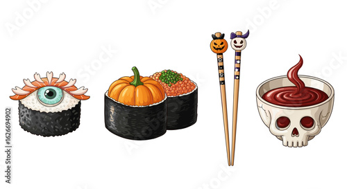 Halloween themed sushi with eyeball roll pumpkin roll and skull dipping sauce