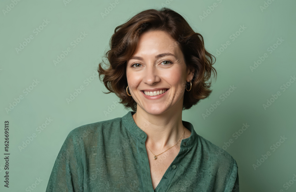 Smiling woman with short brown hair, hoop earrings looks directly at camera. Wears green blouse, delicate gold necklace. Mid-life appearance suggests confidence, approachability. Plain green Smiling woman with short brown hair, hoop earrings looks directly at camera. Wears green blouse, delicate gold necklace. Mid-life appearance suggests confidence, approachability. Plain green