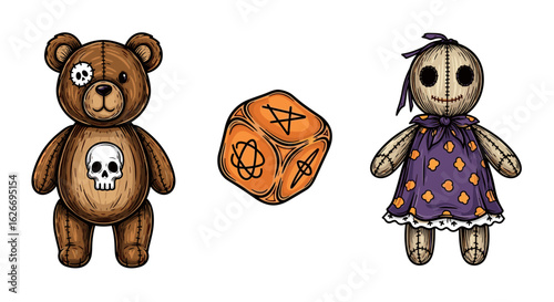 Illustration of a teddy bear a die with symbols and a rag doll together