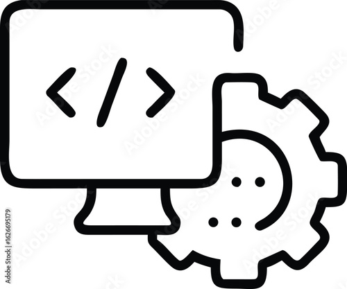 Automated Script and Development Process Line Icon. Code on Screen with Gear Symbol.