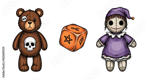 Illustration of a teddy bear a die with symbols and a rag doll with a cap