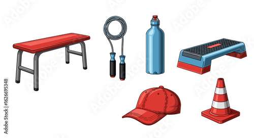 An assortment of fitness equipment including a bench and jump rope displayed