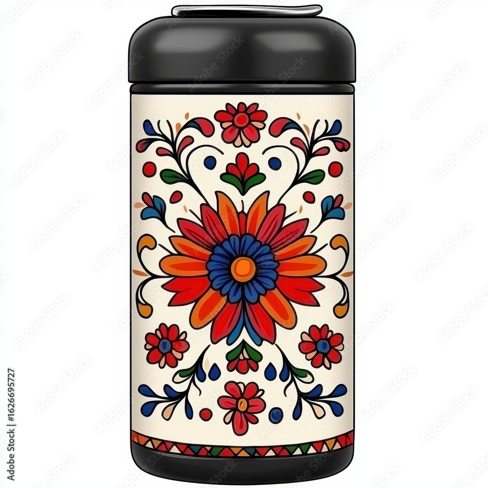 Fototapeta premium Vibrant Floral Design on Cream and Black Cylindrical Container