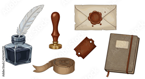 Still life composition of writing tools including inkwell and wax seal set