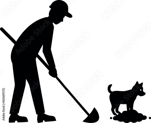Man cleaning dog poop with shovel pet waste cleanup silhouette vector illustration