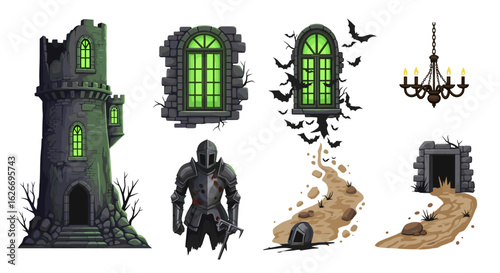 Illustration of a spooky tower knight windows and other gothic elements