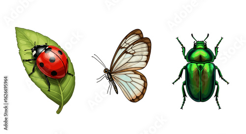 Illustration of a ladybug on a leaf, a butterfly, and a green beetle insect