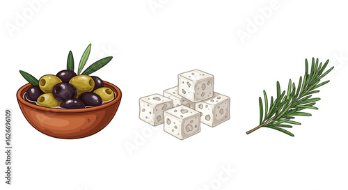 Still life illustration of olives feta cheese and rosemary sprig isolated
