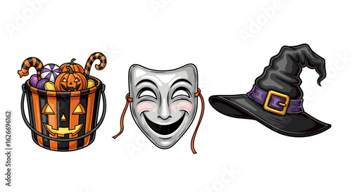 A halloween bucket with treats mask and a witch hat isolated on white background