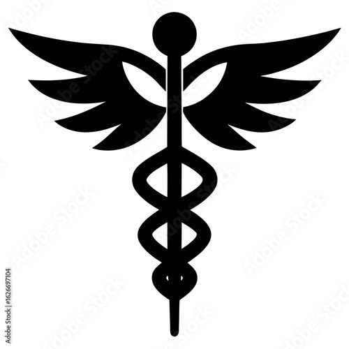 Minimalist black silhouette of a caduceus symbol on a white background suitable for medical or business branding