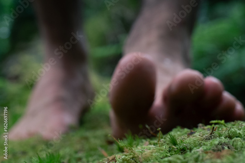 A closeup of bare feet walking on green moss and grass in a forest