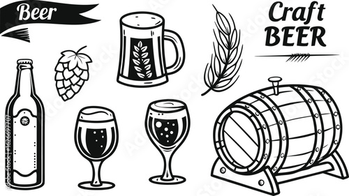Beer sketch set. Flat vector drink is sitting in glass with ice, citrus slices, garnishes on transparent background. a detailed vintage-style vector illustration of assorted cocktail and drink glasses