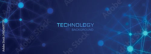 Blue Technology Network Connections Abstract Vector Background Banner with Glowing Dots for Digital Data, Cryptocurrency, Global Communications, and Science Header Design 