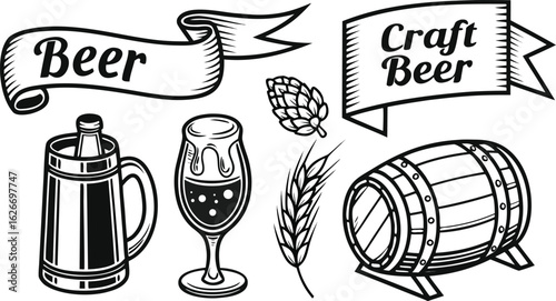 Beer sketch set. Flat vector drink is sitting in glass with ice, citrus slices, garnishes on transparent background. a detailed vintage-style vector illustration of assorted cocktail and drink glasses