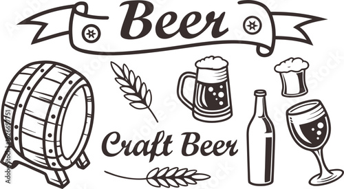 Beer sketch set. Flat vector drink is sitting in glass with ice, citrus slices, garnishes on transparent background. a detailed vintage-style vector illustration of assorted cocktail and drink glasses