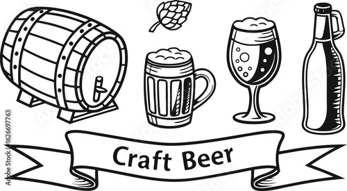 Beer sketch set. Flat vector drink is sitting in glass with ice, citrus slices, garnishes on transparent background. a detailed vintage-style vector illustration of assorted cocktail and drink glasses