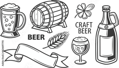 Beer sketch set. Flat vector drink is sitting in glass with ice, citrus slices, garnishes on transparent background. a detailed vintage-style vector illustration of assorted cocktail and drink glasses