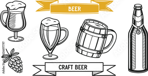 Beer sketch set. Flat vector drink is sitting in glass with ice, citrus slices, garnishes on transparent background. a detailed vintage-style vector illustration of assorted cocktail and drink glasses