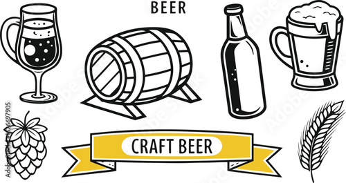 Beer sketch set. Flat vector drink is sitting in glass with ice, citrus slices, garnishes on transparent background. a detailed vintage-style vector illustration of assorted cocktail and drink glasses