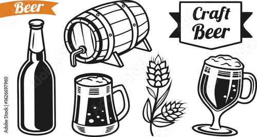 Beer sketch set. Flat vector drink is sitting in glass with ice, citrus slices, garnishes on transparent background. a detailed vintage-style vector illustration of assorted cocktail and drink glasses