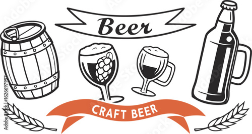 Beer sketch set. Flat vector drink is sitting in glass with ice, citrus slices, garnishes on transparent background. a detailed vintage-style vector illustration of assorted cocktail and drink glasses