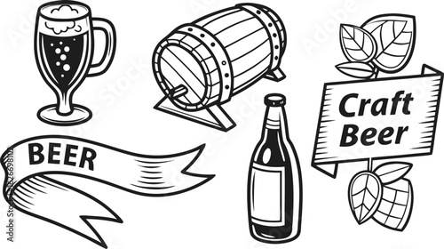 Beer sketch set. Flat vector drink is sitting in glass with ice, citrus slices, garnishes on transparent background. a detailed vintage-style vector illustration of assorted cocktail and drink glasses