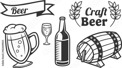 Beer sketch set. Flat vector drink is sitting in glass with ice, citrus slices, garnishes on transparent background. a detailed vintage-style vector illustration of assorted cocktail and drink glasses