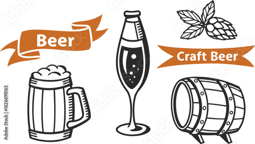 Beer sketch set. Flat vector drink is sitting in glass with ice, citrus slices, garnishes on transparent background. a detailed vintage-style vector illustration of assorted cocktail and drink glasses