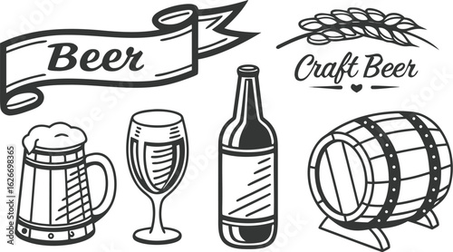 Beer sketch set. Flat vector drink is sitting in glass with ice, citrus slices, garnishes on transparent background. a detailed vintage-style vector illustration of assorted cocktail and drink glasses