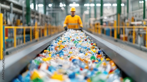 Wallpaper Mural Worker Sorting Plastic Waste at Recycling Facility with Conveyor Belt Torontodigital.ca
