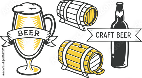 Beer sketch set. Flat vector drink is sitting in glass with ice, citrus slices, garnishes on transparent background. a detailed vintage-style vector illustration of assorted cocktail and drink glasses