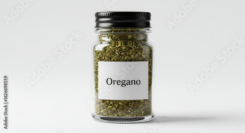 Oregano spice jar isolated on white background for culinary and food concepts