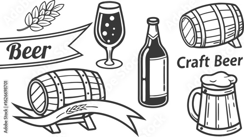 Beer sketch set. Flat vector drink is sitting in glass with ice, citrus slices, garnishes on transparent background. a detailed vintage-style vector illustration of assorted cocktail and drink glasses