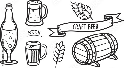 Beer sketch set. Flat vector drink is sitting in glass with ice, citrus slices, garnishes on transparent background. a detailed vintage-style vector illustration of assorted cocktail and drink glasses