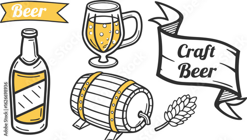 Beer sketch set. Flat vector drink is sitting in glass with ice, citrus slices, garnishes on transparent background. a detailed vintage-style vector illustration of assorted cocktail and drink glasses