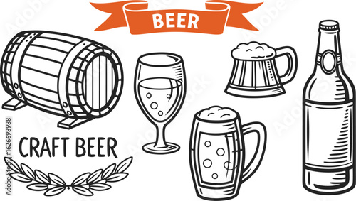 Beer sketch set. Flat vector drink is sitting in glass with ice, citrus slices, garnishes on transparent background. a detailed vintage-style vector illustration of assorted cocktail and drink glasses