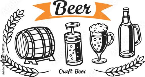 Beer sketch set. Flat vector drink is sitting in glass with ice, citrus slices, garnishes on transparent background. a detailed vintage-style vector illustration of assorted cocktail and drink glasses