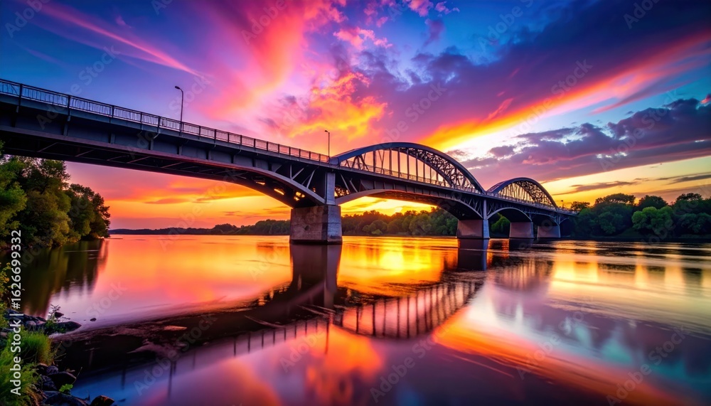 Fototapeta premium Bridge over river at sunset with dramatic sky and water reflection.