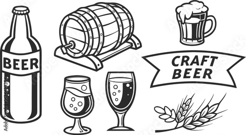 Beer sketch set. Flat vector drink is sitting in glass with ice, citrus slices, garnishes on transparent background. a detailed vintage-style vector illustration of assorted cocktail and drink glasses