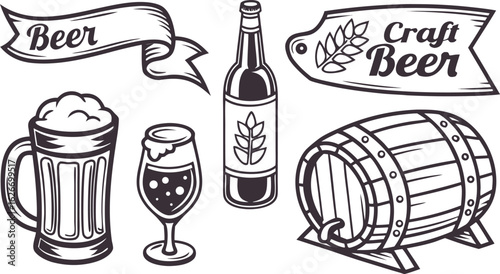 Beer sketch set. Flat vector drink is sitting in glass with ice, citrus slices, garnishes on transparent background. a detailed vintage-style vector illustration of assorted cocktail and drink glasses