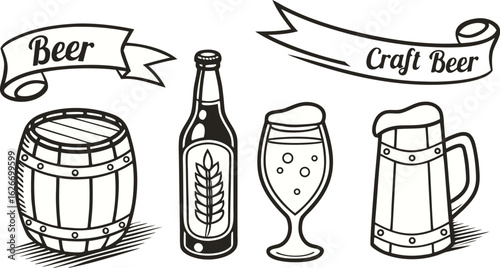 Beer sketch set. Flat vector drink is sitting in glass with ice, citrus slices, garnishes on transparent background. a detailed vintage-style vector illustration of assorted cocktail and drink glasses
