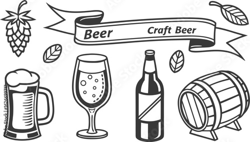 Beer sketch set. Flat vector drink is sitting in glass with ice, citrus slices, garnishes on transparent background. a detailed vintage-style vector illustration of assorted cocktail and drink glasses
