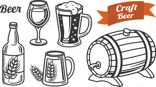 Beer sketch set. Flat vector drink is sitting in glass with ice, citrus slices, garnishes on transparent background. a detailed vintage-style vector illustration of assorted cocktail and drink glasses