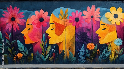 Vibrant street art mural featuring three stylized female faces with colorful floral adornments surrounded by lush tropical foliage in a rich expressive and painterly urban artistic style
