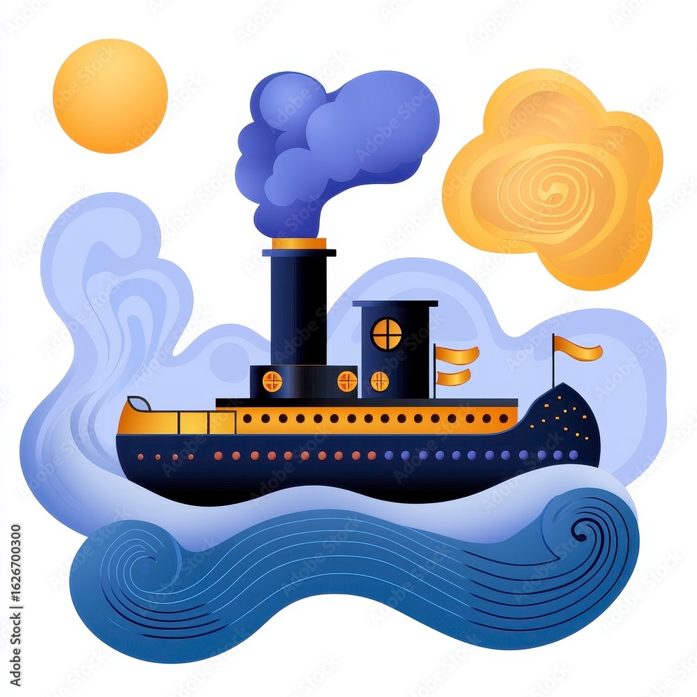 Obraz premium Whimsical Illustration of a Dark Blue Tugboat Sailing on Stylized Blue Waves