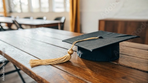 Graduation Cap and Tassel on Wooden Table: Academic Achievement, Success, and Commencement Ceremony.